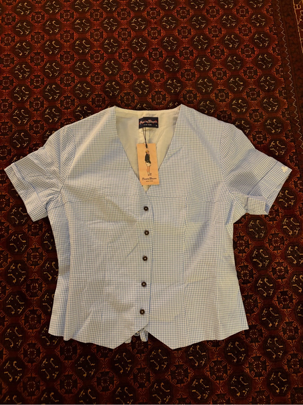 Rowing Blazers Blue and White Gingham Button-Up Top